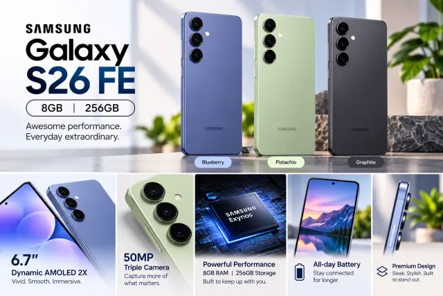 Samsung Galaxy S26 FE 5G – 8GB RAM, 256GB Storage, 6.7" FHD+ Dynamic AMOLED 2X 120Hz, Exynos 2500, 50MP Triple Camera, 4,900mAh, IP68, Galaxy AI – Blueberry, Pistachio, Graphite