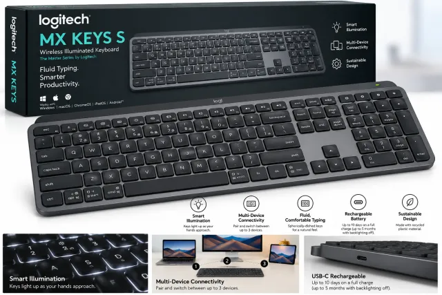 Logitech MX Keys S Advanced Wireless Illuminated Keyboard – Full-Size with Number Pad, Bluetooth + Logi Bolt USB Receiver, Smart Backlighting, Smart Actions, USB-C Rechargeable, Multi-Device