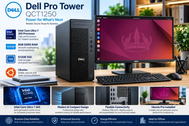 Dell Pro Tower QCT1250 AI Desktop PC – Intel Core Ultra 7 265 (20 Cores, up to 5.3GHz), 8GB DDR5 RAM, 512GB NVMe SSD, Ubuntu Linux
