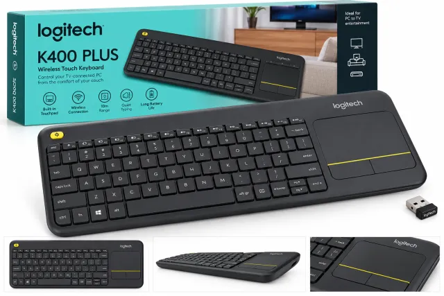 Logitech K400 Plus Wireless Touch Keyboard with Built-in Touchpad – 2.4GHz Unifying Receiver, 10m Range, Media Keys, 18-Month Battery Life, for PC, Smart TV & Android – Black