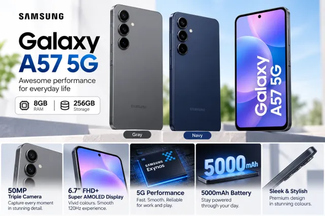 Samsung Galaxy A57 5G – 8GB RAM, 256GB Storage, 6.7" FHD+ Super AMOLED+ 120Hz, Exynos 1680, 50MP OIS Triple Camera, 5,000mAh, IP68 – Gray & Navy