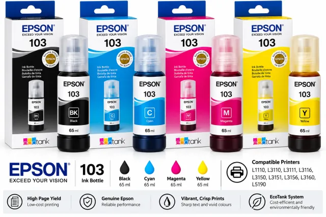Epson 103 Black, Cyan, Magenta and Yellow Ink Bottle 65ml